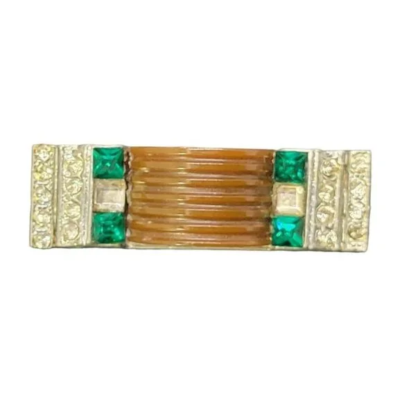VTG Glam Statement Art Deco Bakelite Emerald Rhinestone Brooch Pin - Picture 2 of 4